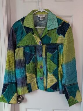 Anage Silk Multicolor Patchwork Jacket in Green, Teal & Navy Size L
